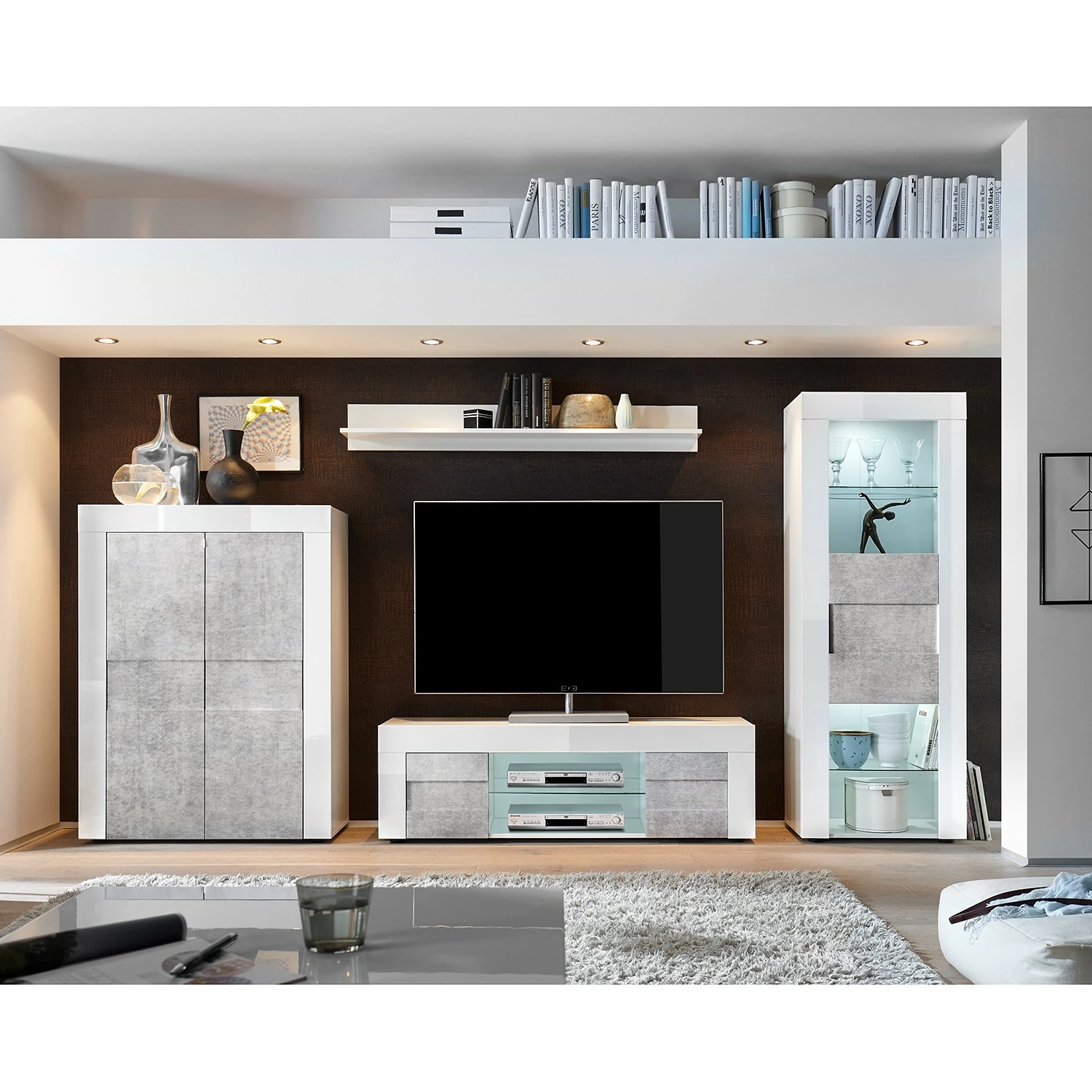 LC Spa TV-Lowboard Easy - Hochglanz Weiß / Beton Dekor - Breite: 138 cm 4 LC Spa TV-Lowboard Easy - Hochglanz Weiß / Beton Dekor - Breite: 138 cm – Bild 2