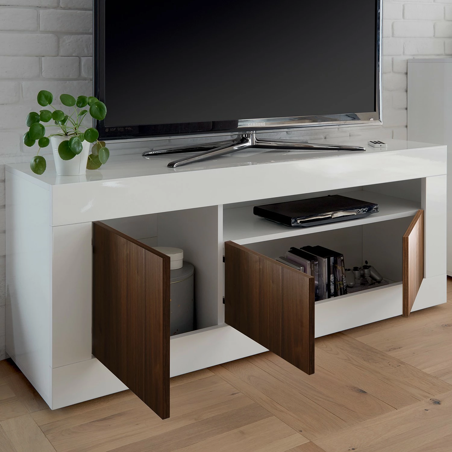 LC Spa TV-Lowboard Urbino - Hochglanz Weiß - Nussbaum Dekor / Weiß 11 LC Spa TV-Lowboard Urbino - Hochglanz Weiß - Nussbaum Dekor / Weiß – Bild 9