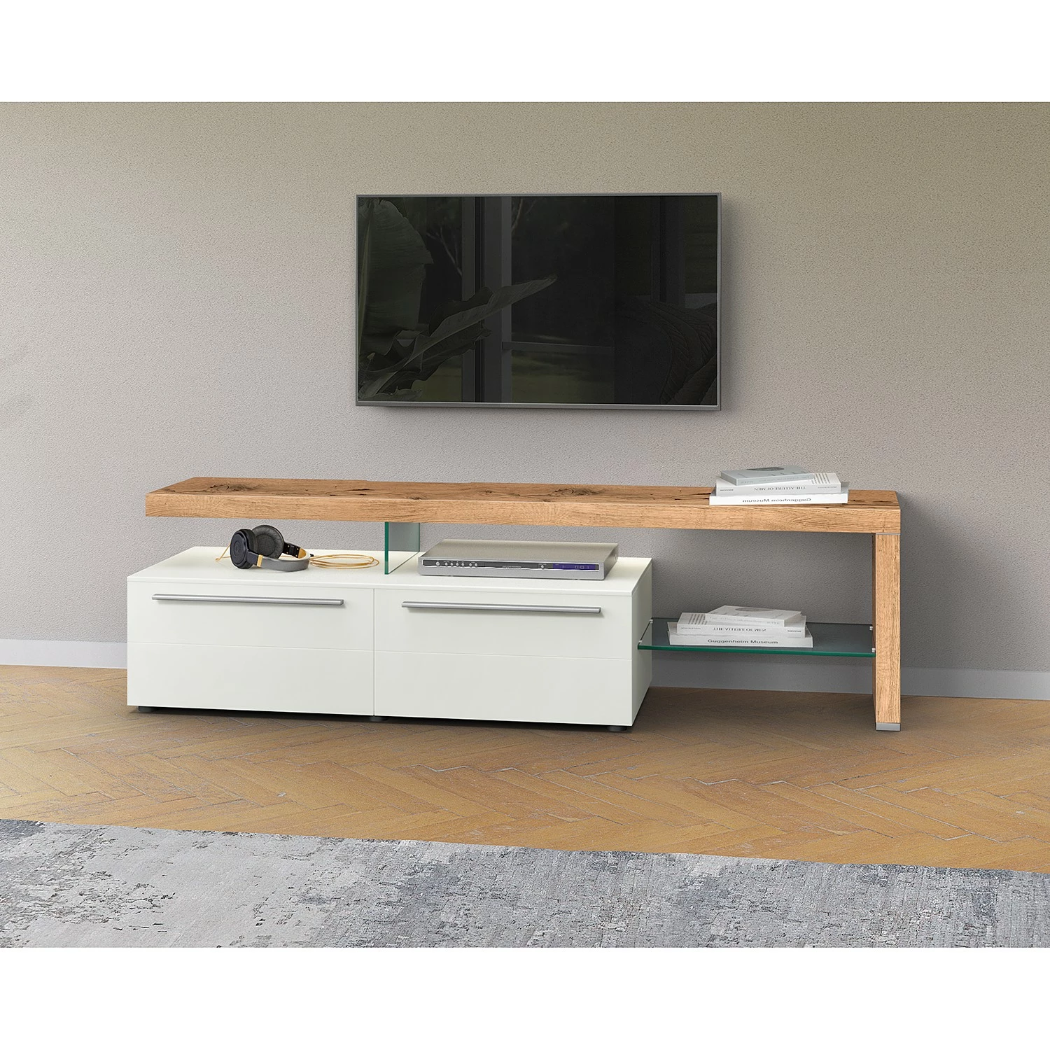 GWINNER TV-Lowboard Bellano I - Echtholzfurnier - Matt Weiß / Balkeneiche - Ausrichtung rechts - Mit Beleuchtung 4 GWINNER TV-Lowboard Bellano I - Echtholzfurnier - Matt Weiß / Balkeneiche - Ausrichtung rechts - Mit Beleuchtung – Bild 2