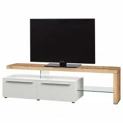 GWINNER TV-Lowboard Bellano I - Echtholzfurnier - Matt Weiß / Balkeneiche - Ausrichtung rechts - Mit Beleuchtung