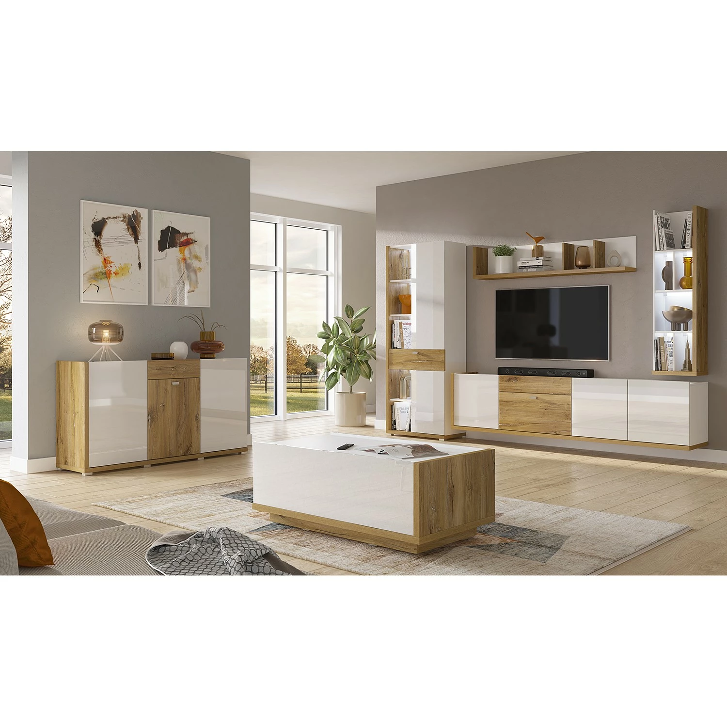 Loftscape TV-Lowboard Lahntal I - Hochglanz Weiß / Risseiche Dekor 5 Loftscape TV-Lowboard Lahntal I - Hochglanz Weiß / Risseiche Dekor – Bild 3