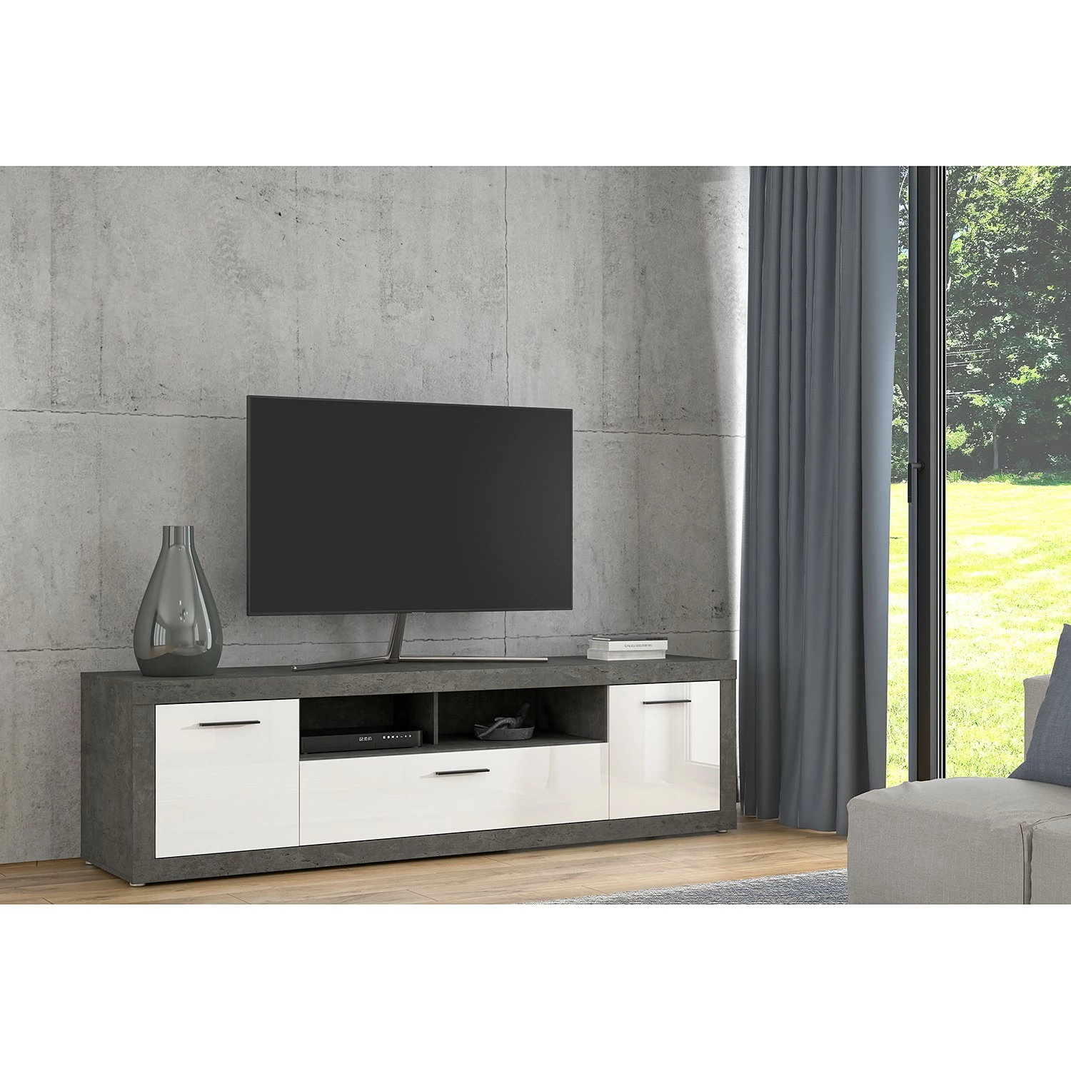 Loftscape TV-Lowboard Vetras II - Hochglanz Weiß / Beton Dekor 5 Loftscape TV-Lowboard Vetras II - Hochglanz Weiß / Beton Dekor – Bild 3