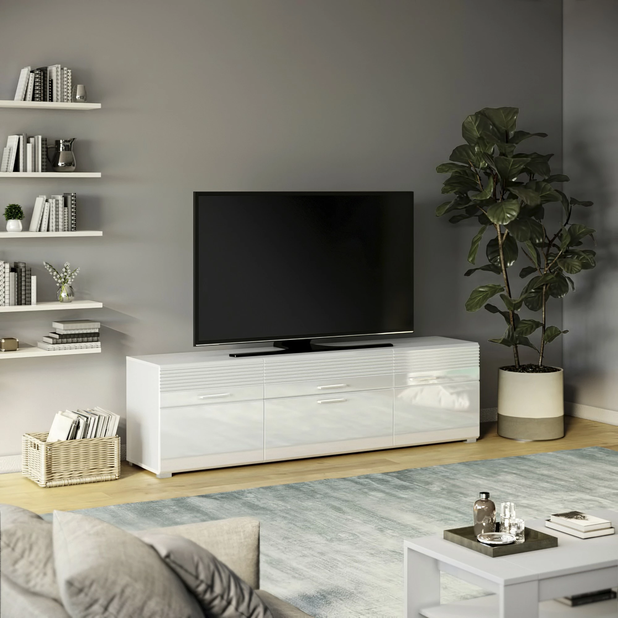 The Kuup TV Lowboard Weiß Hochglanz Rillen Akzent 4 The Kuup TV Lowboard Weiß Hochglanz Rillen Akzent – Bild 2