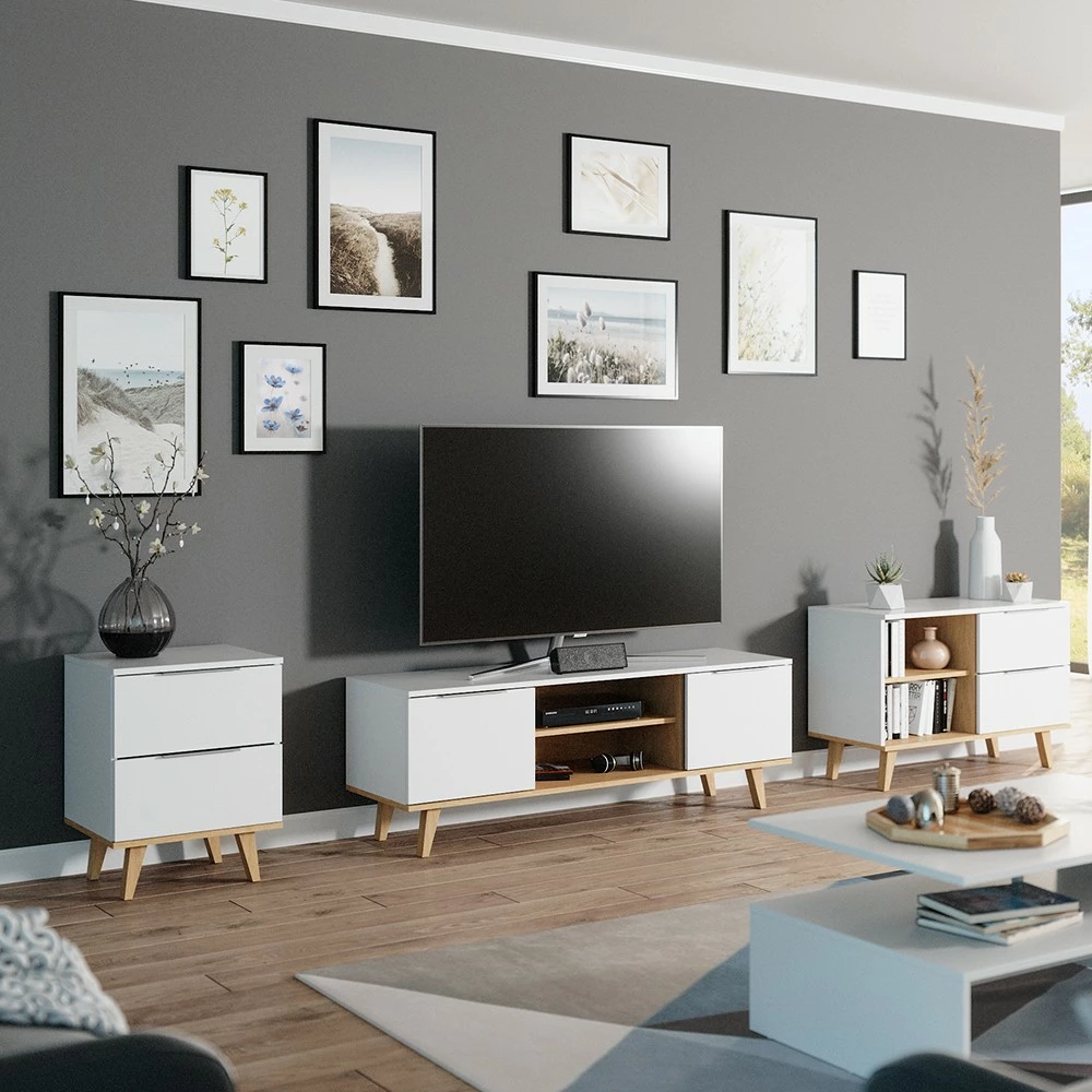 Vicco Lowboard „Neptune“ Weiß/Eiche 4 Vicco Lowboard „Neptune“ Weiß/Eiche – Bild 2